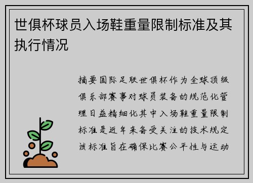 世俱杯球员入场鞋重量限制标准及其执行情况