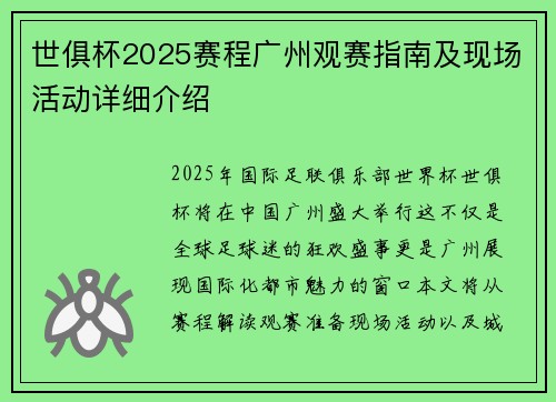 世俱杯2025赛程广州观赛指南及现场活动详细介绍