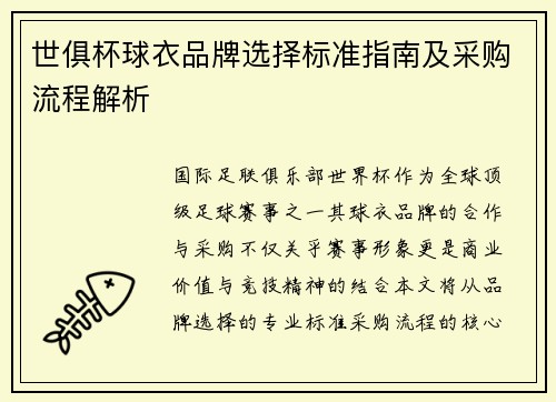 世俱杯球衣品牌选择标准指南及采购流程解析